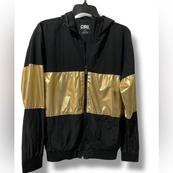 CSG Black Hooded Bomber Jacket with Bold Gold Color-block Women’s Size SP Goth - Picture 2 of 7